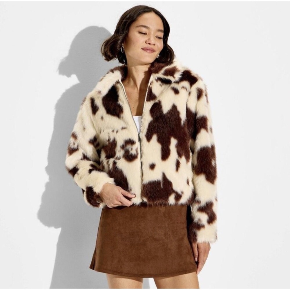 Wild Fable Cow Print Faux Fur Jacket Womens XL Brown Cream Zip Up NWT